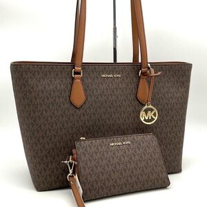 Michael Kors Bag Large Sheila Mf Tote Bag & Large Double Zip Wallet Brown/Gold
